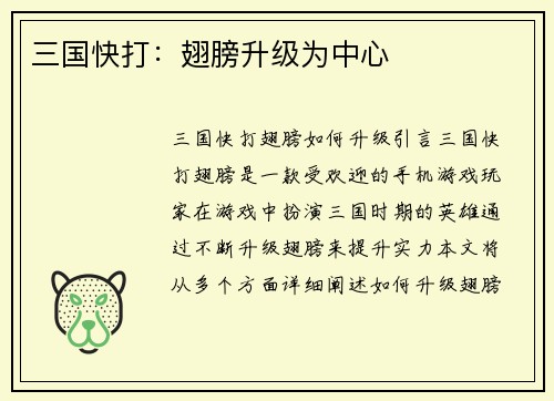 三国快打：翅膀升级为中心