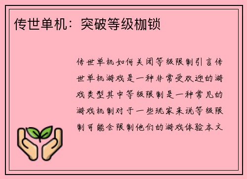 传世单机：突破等级枷锁