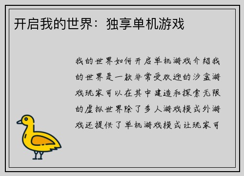 开启我的世界：独享单机游戏